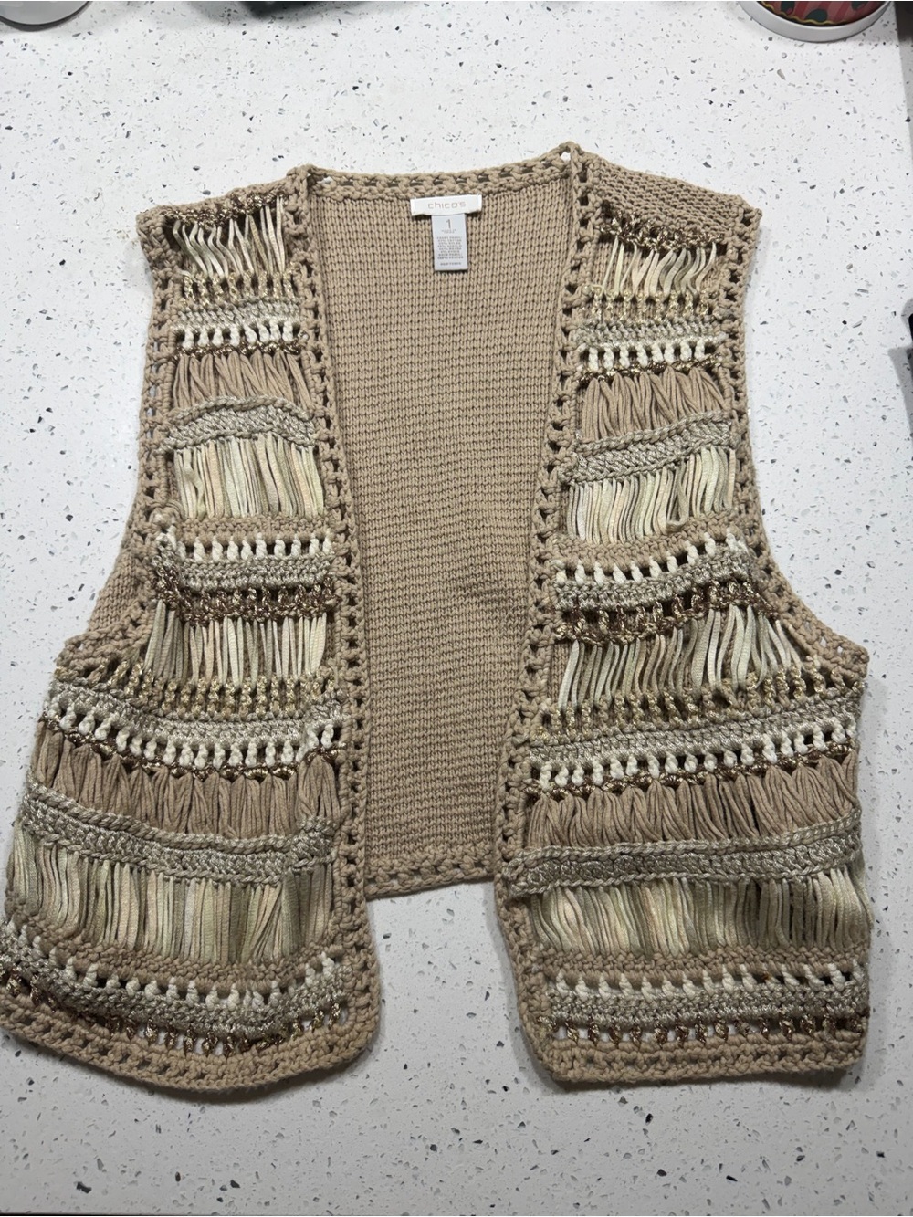 Chico's Neutral Crochet Fringe Open-Front Vest